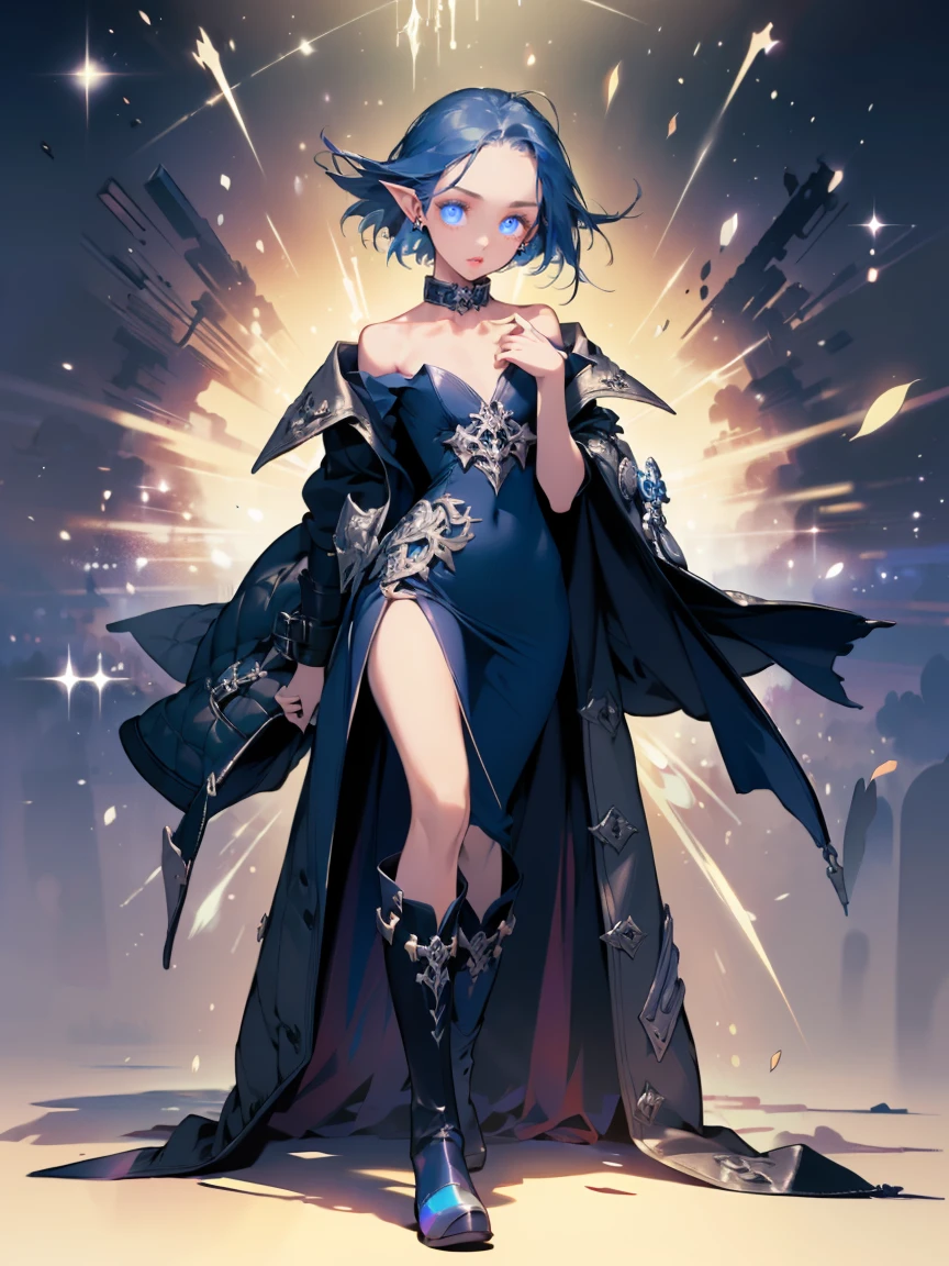 (Masterpiece, Best Quality, Ultra-detailed, sharp focus, solo, 1person, 1girl, perfect anatomy :1.5) (medium body Shot, gacha splash art :1.4) (, portrait, octane render) (dynamic pose, action shot, :1.2), Perfect Lighting, Ray tracing,  warm backlight, purple shadows, ((night lighting , darkness, night darkness on background, glowing aesthetic )) (dungeons and dragons, fantasy, atmospheric, mystery, romantic,  wallpaper)  covered chest (long  body, short pointed ears,beautiful woman,:1.3) (dark blue hair , parted bangs Tucked Behind pointed Ears, middle parted hair :1.4), Face-framing layers (shoulder-length haircut, straight short thick hair :1.3) ( small clear forehead without strands, small forehead :1.5), pale skin, friendly, smile, (relax, mischievous, kind, arrogant :0.9) Elegant, hidden hips,, ((flow puffy clothes, soft matte fabric, fashionable victorian rpg clothing, very detailed and rich clothing)) (gothic Lolita's Black Dress, all-black flared knee-length dress:1.4) ((strapless off-shoulder dress, , lush gorgeous dress )) black choker, (((bare collarbones, large vintage trenchcoat, colorful flow long greatcoat, purple shades Patchwork greatcoat, African squarePrint greatcoat, stand-up trenchcoat collar , squared pattern on  trenchcoat)))((purple knee boots)) detailed alchemist's hip bag, dense wild dark forest on the background, lonely gothic tower, elven ancient ruins, blue night sky, little blue moon, (1staff, holding long straight silver staff in hand, the pommel of the staff is a sun-shaped ring with empty centre) floating books and magic cards, gesture, magic passes, ( red|blue wireframe magic aura, holographic low poly magic streams, purple |cyan|red triangle particles :1.3), (complex background), , glowing neon blue eyes, SilverSapphireAI, flying | floating | sitting | posing, straight posture, studyes books,  closed legs, midjourney