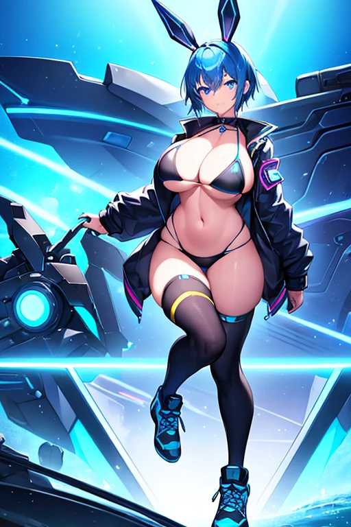 1girl, large breasts, wide hips, blue hair, short hair, very short hair, blue eyes, bikini, black bikini, shoes, sneakers, neon, machinery, tech, futuristic, science-fiction, blue neon trim, neon trim, light smile, bunny ears, rabbit ears, full body, jacket, black jacket