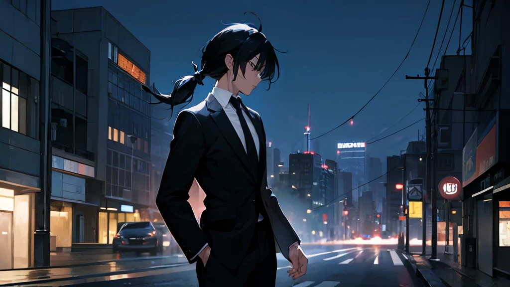 (side lock hair:1.3)、Businessman with black hair and a black suit、Streets lined with buildings、Turn to this、cowboy  shot、animesque、hight resolution、absurderes、time zone night
