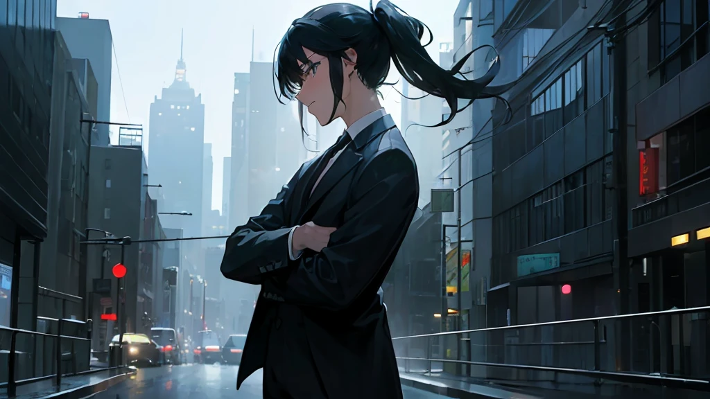 (side lock hair:1.3)、Businessman with black hair and a black suit、Streets lined with buildings、Turn to this、cowboy shot、animesque、hight resolution、absurderes、time zone night