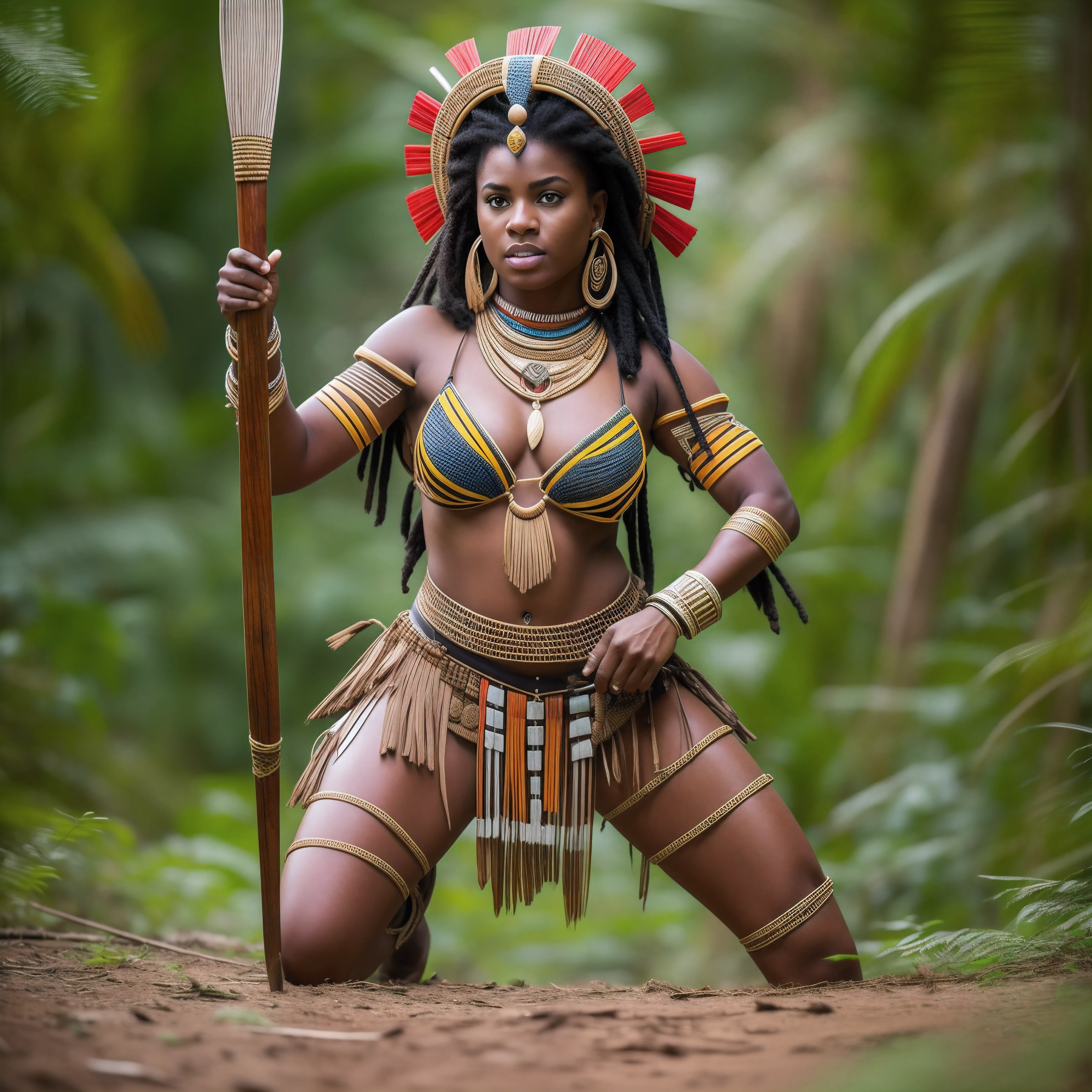 Full body Beautiful African Zulu woman warrior dressed in characteristic attire carrying a deadly spear, agazapada en la jungla asechando a su presa, gran angular, ultra detallada, imagen 3 D, 34K resolution, octanaje renderizado, detalle intricado, Volumetric lighting, efecto vidrio roto. Photo Style 50mm Lens, apertura F 2.5. Sugerencias: No debe salir: Borroso, 2 cabezas, 2 caras, mala anatomia, malas proporciones, mal arte, mal dibujado, cara mal dibujada, mutado, mutilado, extremidades extras, extremidades perdidas, extremidades, flotantes, extremidades fusionadas, fuera de foco, low res, carton, plastico