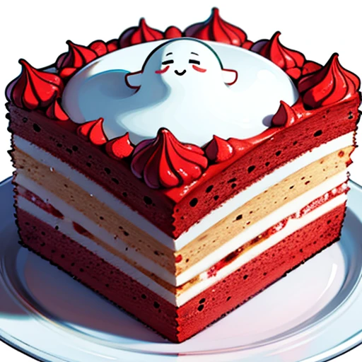 Best Quality, cute santa claus cake illustration, Delicious cake illustration. Cake in the shape of a ghost, 1 slice cut, Looks appetizing. cake placed on a white plate, and white background. Show center, Make sure the entire cake is visible without interruption.