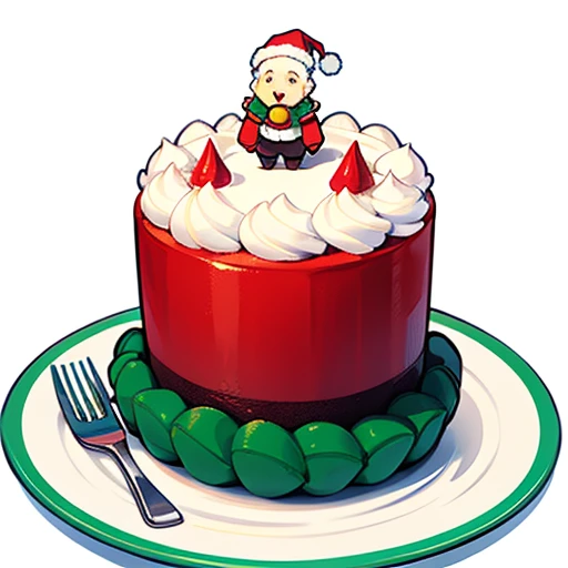 Best Quality, cute santa claus cake illustration, Delicious cake illustration. Cake in the shape of a ghost, 1 slice cut, Looks appetizing. cake placed on a white plate, and white background. Show center, Make sure the entire cake is visible without interruption.