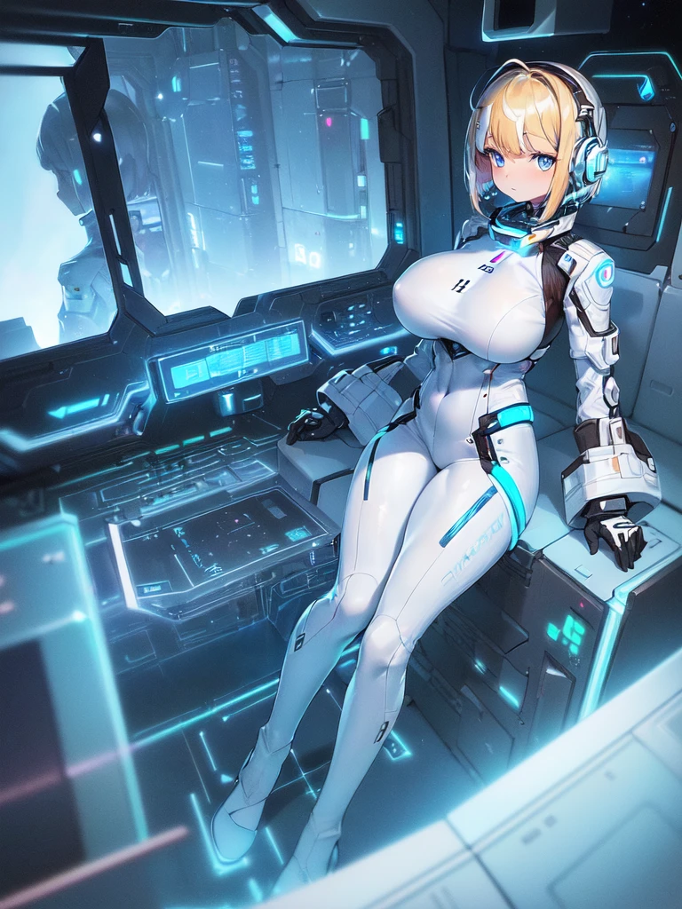 masterpiece:1.4, 1girl in ((20yr old, Wearing a futuristic white and silver costume, Tight Fit Bodysuit, long boots, Very gigantic-breasts, Multicolored blonde hair, a short bob, Perfect model body, Blue eyes:1.2, Wearing headphones, Looking out the window of the futuristic sci-fi space station、While admiring the beautiful galaxy:1.2, SFSF control room on night background:1.1, Neon and energetic atmosphere:1.2)) ((Galaxy))