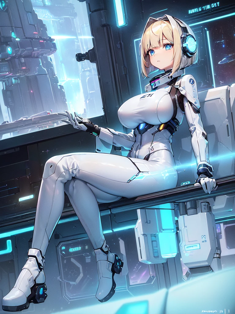 ​masterpiece:1.4, 1girl in ((20yr old, Wearing a futuristic white and silver costume, Tight Fit Bodysuit, long boots, Very gigantic-breasts, Multicolored blonde hair, a short bob, Perfect model body, Blue eyes:1.2, Wearing headphones, Looking out the window of the futuristic sci-fi space station、While admiring the beautiful galaxy:1.2, SFSF control room on night background:1.1, Neon and energetic atmosphere:1.2)) ((Galaxy))