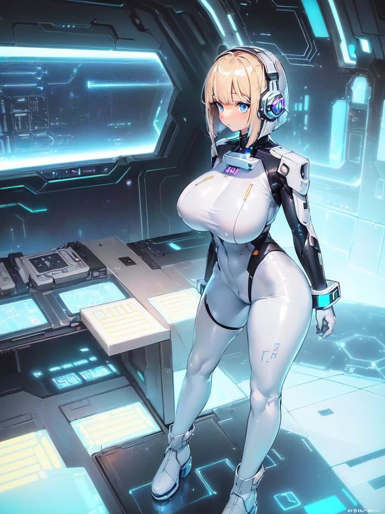 ​masterpiece:1.4, 1girl in ((20yr old, Wearing a futuristic white and silver costume, Tight Fit Bodysuit, long boots, Very gigantic-breasts, Multicolored blonde hair, a short bob, Perfect model body, Blue eyes:1.2, Wearing headphones, Looking out the window of the futuristic sci-fi space station、While admiring the beautiful galaxy:1.2, SFSF control room on night background:1.1, Neon and energetic atmosphere:1.2)) ((Galaxy))