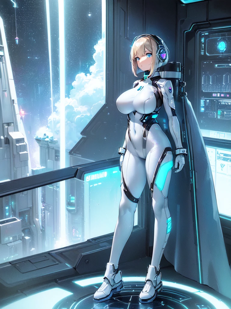 masterpiece:1.4, 1girl in ((20yr old, Wearing a futuristic white and silver costume, Tight Fit Bodysuit, long boots, Very gigantic-breasts, Multicolored blonde hair, a short bob, Perfect model body, Blue eyes:1.2, Wearing headphones, Looking out the window of the futuristic sci-fi space station、While admiring the beautiful galaxy:1.2, SFSF control room on night background:1.1, Neon and energetic atmosphere:1.2)) ((Galaxy))
