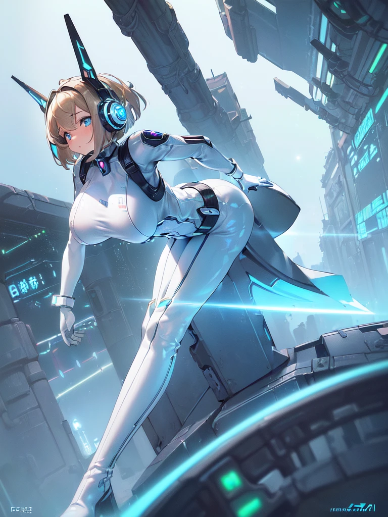 masterpiece:1.4, 1girl in ((20yr old, Wearing a futuristic white and silver costume, Tight Fit Bodysuit, long boots, Very gigantic-breasts, Multicolored blonde hair, a short bob, Perfect model body, Blue eyes:1.2, Wearing headphones, Looking out the window of the futuristic sci-fi space station、While admiring the beautiful galaxy:1.2, SFSF control room on night background:1.1, Neon and energetic atmosphere:1.2)) ((Galaxy))