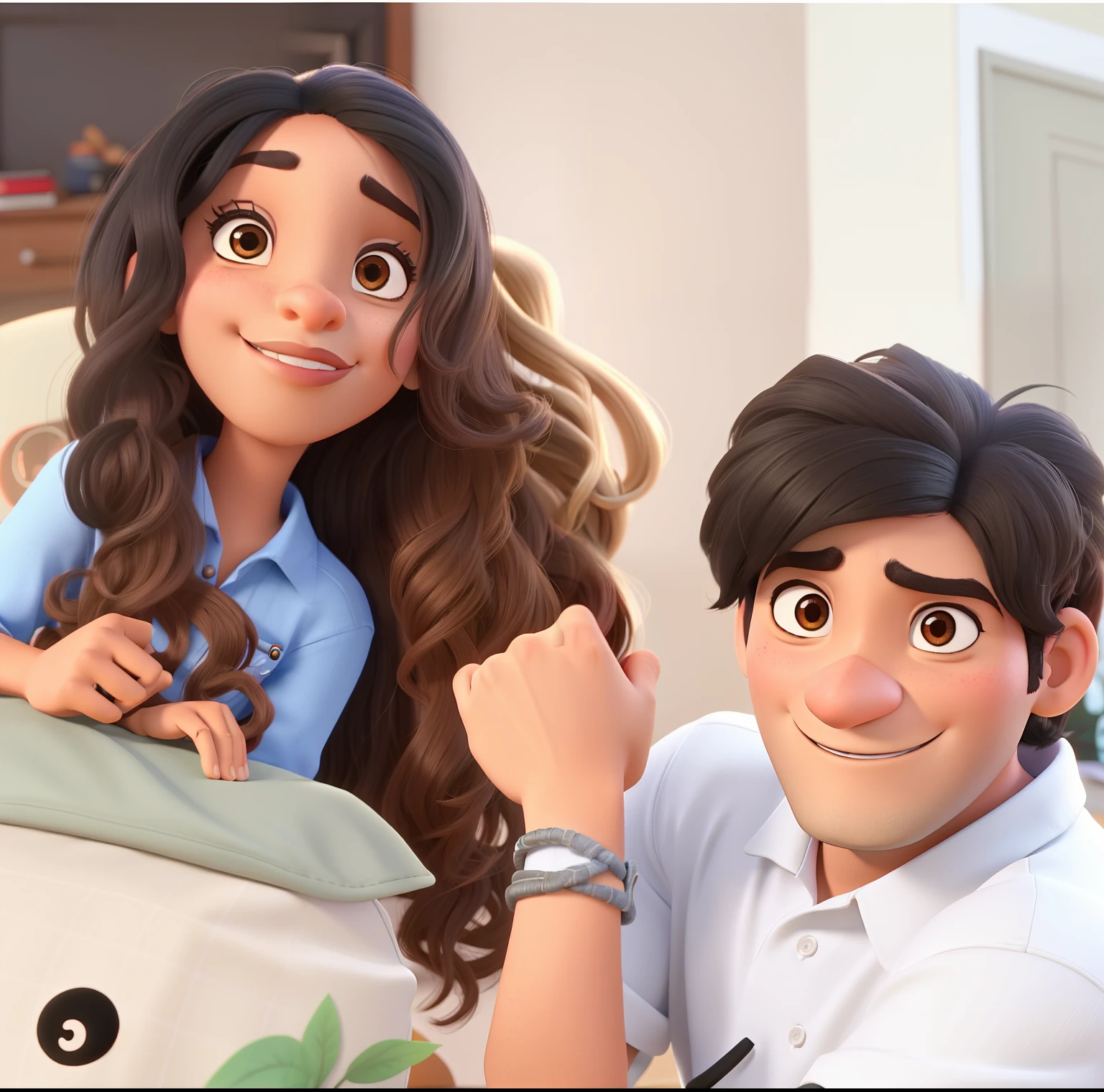 um casal da pixar, homem negro mulher morena a mulher nas costas do homem felizes