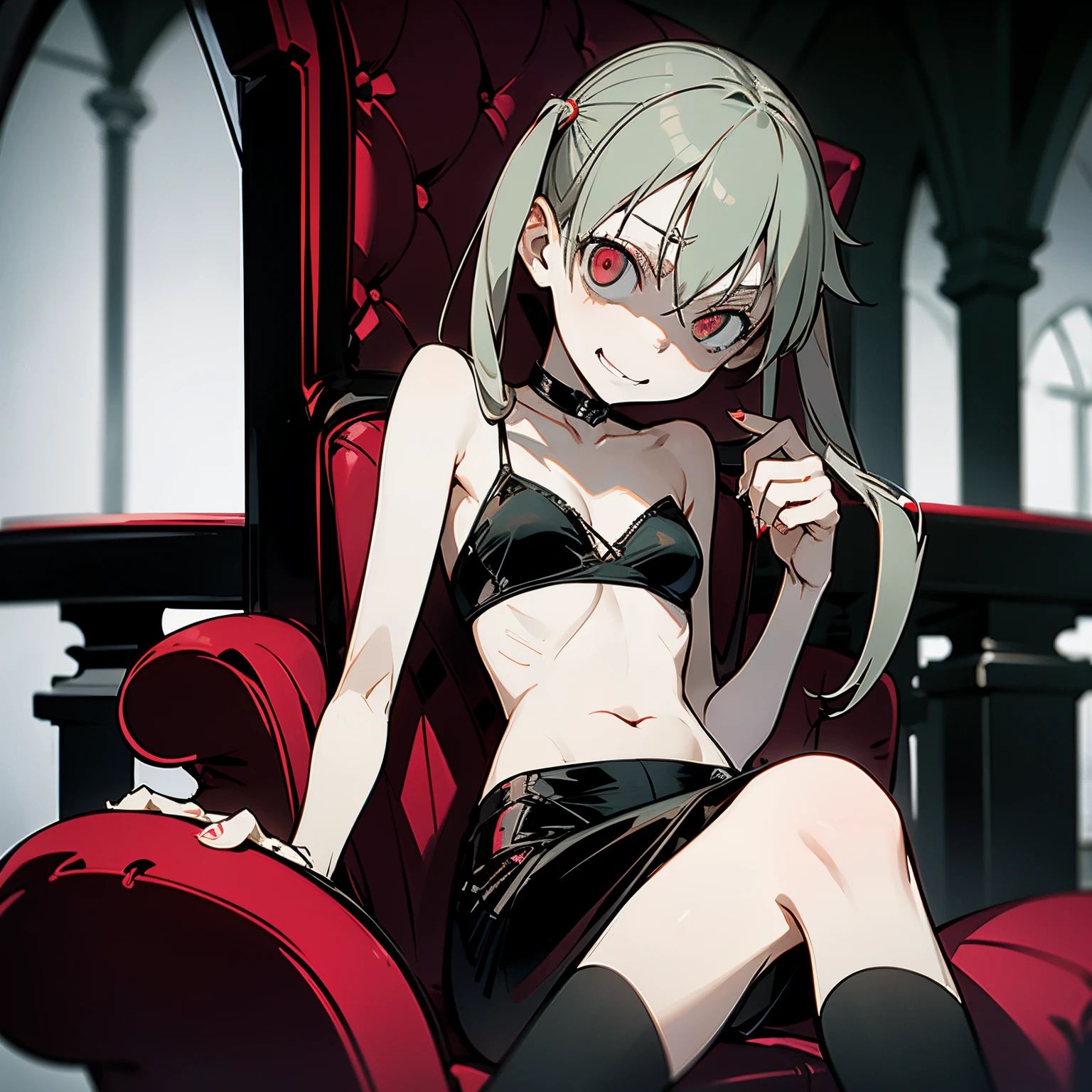 Maka Albarn possessed by Al Capone, glowing red eyes, flat breast, dark horror atmosphere, seductive evil smirk, seductively, happy, in a dark room, sitting ion a mafia boss chair, twin pigtails hairstyle, wearing mafia girl clothing