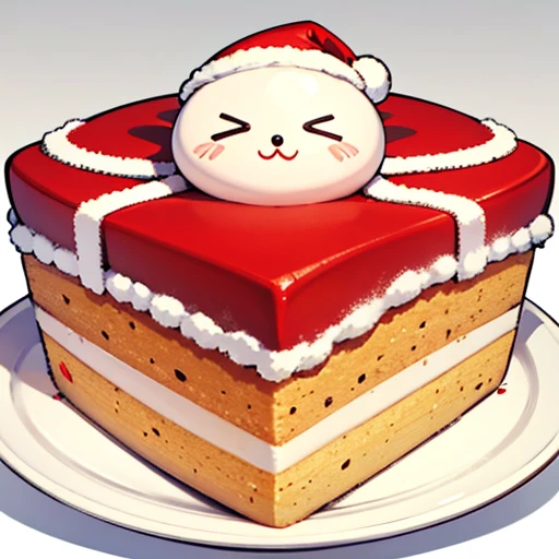 Best Quality, cute christmas cake illustration, delicious cake illustration. cake in the shape of santa claus, 1 slice cut, Looks appetizing. Cake placed on a white plate, and white background. View Center, Make sure the entire cake is visible without interruption.