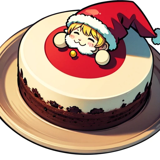 Best Quality, cute christmas cake illustration, delicious cake illustration. cake in the shape of santa claus, 1 slice cut, Looks appetizing. Cake placed on a white plate, and white background. View Center, Make sure the entire cake is visible without interruption.