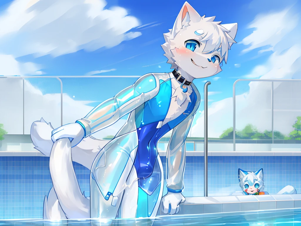 A white cat with blue eyes,Wear transparent,playing at swiming pool,white cat struggling,The neck locked by the collar!!!!playing water,filled with water,Looks pleased,tightsuit!!!
