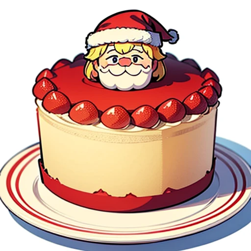 Best Quality, cute santa claus cake illustration, delicious cake illustration. Cake in the shape of Santa Claus's face, 1 slice cut, Looks appetizing. Cake placed on a white plate, and white background. View Center, Make sure the entire cake is visible without interruption.