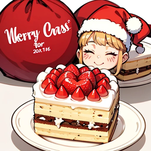 Best Quality, cute santa claus cake illustration, delicious cake illustration. Cake in the shape of Santa Claus&#39;s face, 1 slice cut, Looks appetizing. Cake placed on a white plate, and white background. View Center, Make sure the entire cake is visible without interruption.