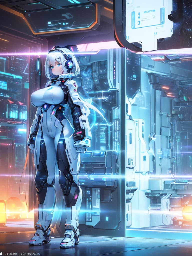 masterpiece:1.4, 1girl in ((20yr old, Wearing a futuristic white and silver costume, Tight Fit Bodysuit, long boots, Very gigantic-breasts, Multicolored blonde hair, a short bob, Perfect model body, Blue eyes:1.2, Wearing headphones, Looking out the window of the futuristic sci-fi space station、While admiring the beautiful galaxy:1.2, SFSF control room on night background:1.1, Neon and energetic atmosphere:1.2)) ((Galaxy))