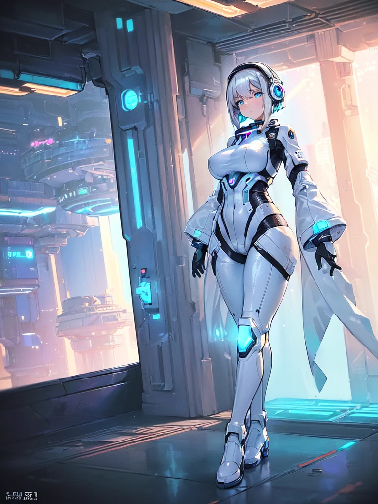 masterpiece:1.4, 1girl in ((20yr old, Wearing a futuristic white and silver costume, Tight Fit Bodysuit, long boots, Very gigantic-breasts, Multicolored blonde hair, a short bob, Perfect model body, Blue eyes:1.2, Wearing headphones, Looking out the window of the futuristic sci-fi space station、While admiring the beautiful galaxy:1.2, SFSF control room on night background:1.1, Neon and energetic atmosphere:1.2)) ((Galaxy))