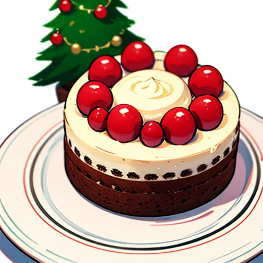 Best Quality, cute christmas cake illustration, delicious cake illustration. cake in the shape of a christmas tree, lice cut, Looks appetizing. Cake placed on a white plate, and white background. View Center, Make sure the entire cake is visible without interruption.