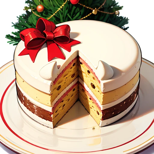 Best Quality, cute christmas cake illustration, delicious cake illustration. cake in the shape of a christmas tree, 1 slice cut, Looks appetizing. Cake placed on a white plate, and white background. View Center, Make sure the entire cake is visible without interruption.
