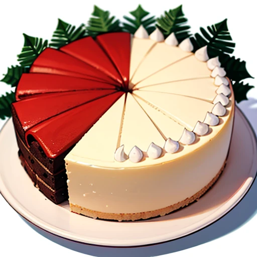 Best Quality, cute christmas cake illustration, delicious cake illustration. cake in the shape of a christmas tree, 1 slice cut, Looks appetizing. Cake placed on a white plate, and white background. View Center, Make sure the entire cake is visible without interruption.