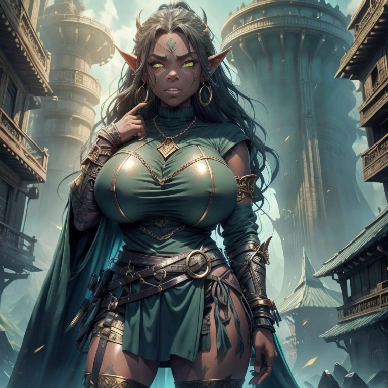 Tall orc girl. Half orc, half human, gold chain mail shirt, short cute leather skirt, long black cloak, greenish blue skin, long wavy brown hair, super cute, big boobs, scars, earrings, tusks coming out of mouth, no makeup, warrior, right eye green, left eye red, super cute, a little chubby, thick, attractive, adorable, hot