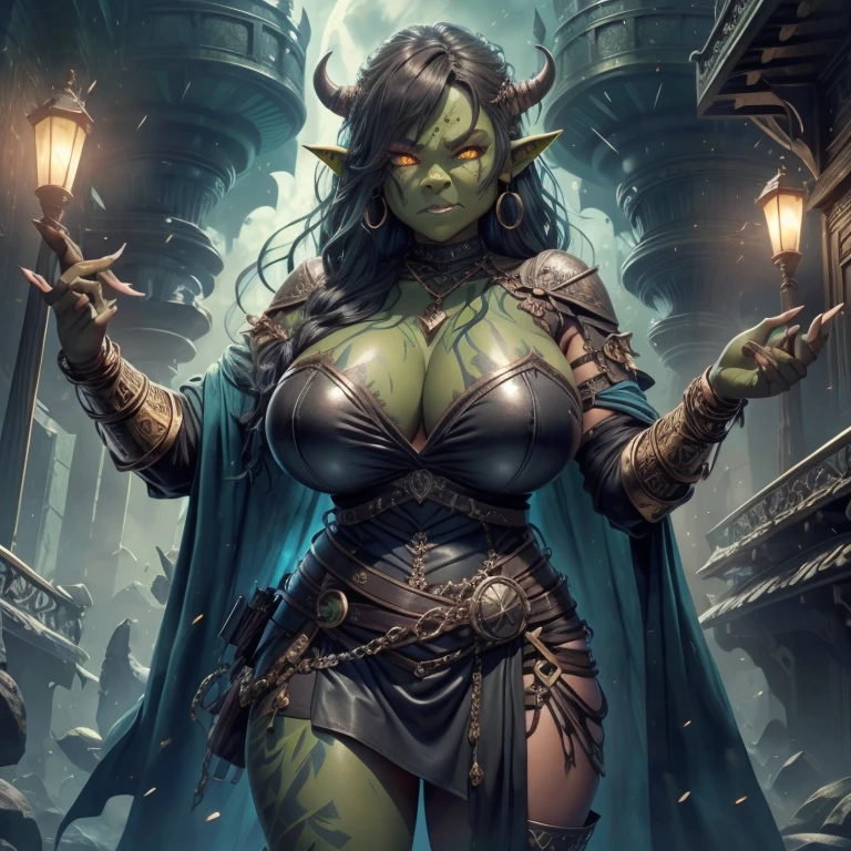 Tall orc girl. Half orc, half human, gold chain mail shirt, short cute leather skirt, long black cloak, greenish blue skin, long wavy brown hair, super cute, big boobs, scars, earrings, tusks coming out of mouth, no makeup, warrior, right eye  green, left eye  red, super cute, a little chubby, thick, attractive, adorable, hot