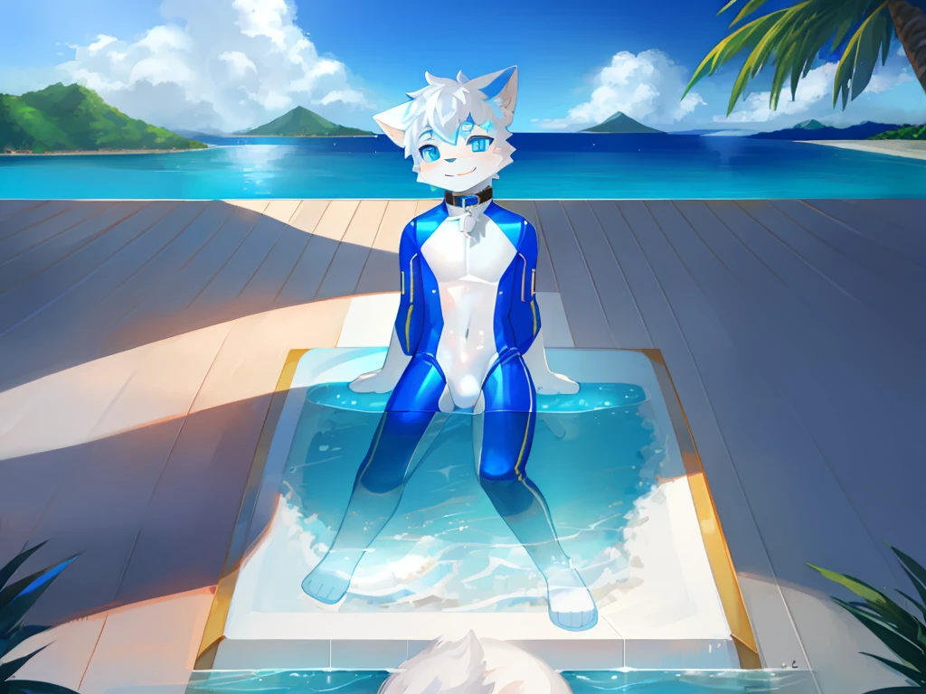 A white cat with blue eyes sits on a swimming ring,Wear transparent,Play by the sea,There an island behind,white cat struggling,The neck locked by the collar!!!!playing water,filled with water,Looks pleased,tightsuit!!!