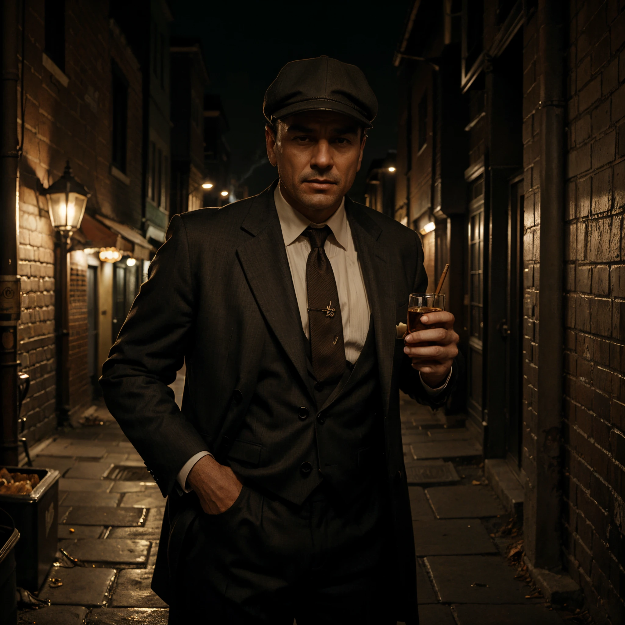 un hombre con un traje oscuro, usando una gorra plana, standing in a smoky alley, sosteniendo un vaso de whisky, con un cigarrillo en la mano, rodeado de coches antiguos y farolas, en un arenoso paisaje urbano industrial, bajo el tenue resplandor de una farola parpadeante, con un tono sepia vintage, Capturing the essence of the 1920s gangster era.