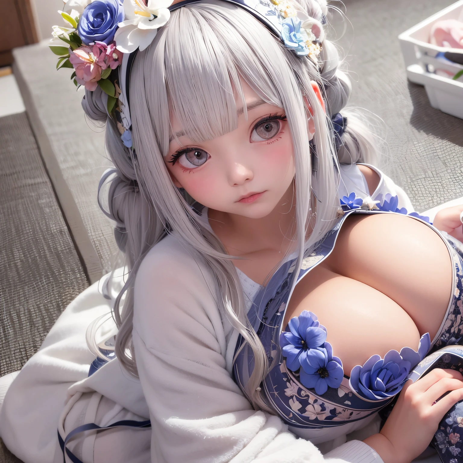 The upper part of the body、one girls、i have silver hair color、Two-tone、Bun hair、Curly hair,floral headband、very Bigger breasts,bathrobe,Angle looking down from above,