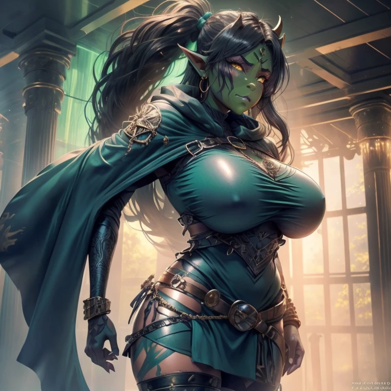 Tall orc girl. Half orc, half human, gold chain mail shirt, short cute leather skirt, long black cloak, greenish blue skin, long wavy brown hair, super cute, big boobs, scars, earrings, tusks coming out of mouth, no makeup, warrior, right eye  green, left eye  red, super cute, a little chubby, thick, attractive, adorable, hot