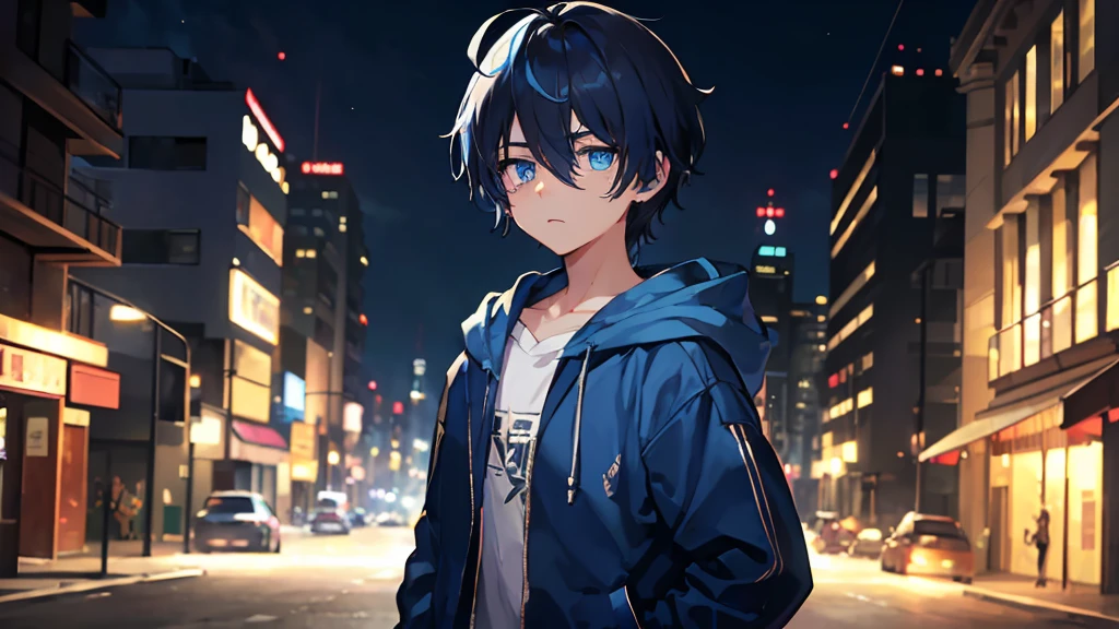 Streets lined with buildings、Turn to this、cowboy  shot、animesque、hight resolution、absurderes、(time zone night:1.4)、(One Boy:1.3)、A dark-haired、(Blue Jacket Hood)、(blue eyess:1.6)、Works with a vivid texture、(hair messy:1.2)、short-hair、anime scener、