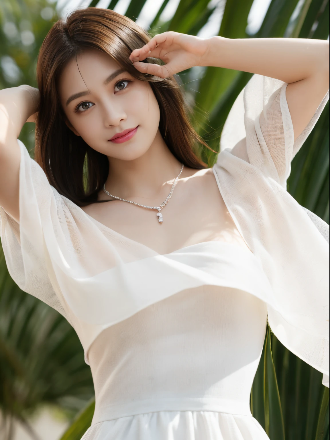 (top-quality:1.1)、(Photorealsitic:1.1)、(a picture:1.1)、(ighly detailed:1.1)、viewer、armlet、Jade Bracelet、Jade Earrings、Eye lashes、Medium chest、a beautiful detailed girl、(extremely detailed eye and face)、(lighting on the face)、jade necklace、Ultra Micro Bikini in White、(独奏:1.2)、(shores、Palm trees)、(Skin glowing in the light of the setting sun)、see -through、NSFW、Light brown eyes、(((Hair fluttering in strong winds)))、((Anatomically perfectly balanced style))、Cute poses、sexypose、Blue big eyes、Full body like、red brown hair