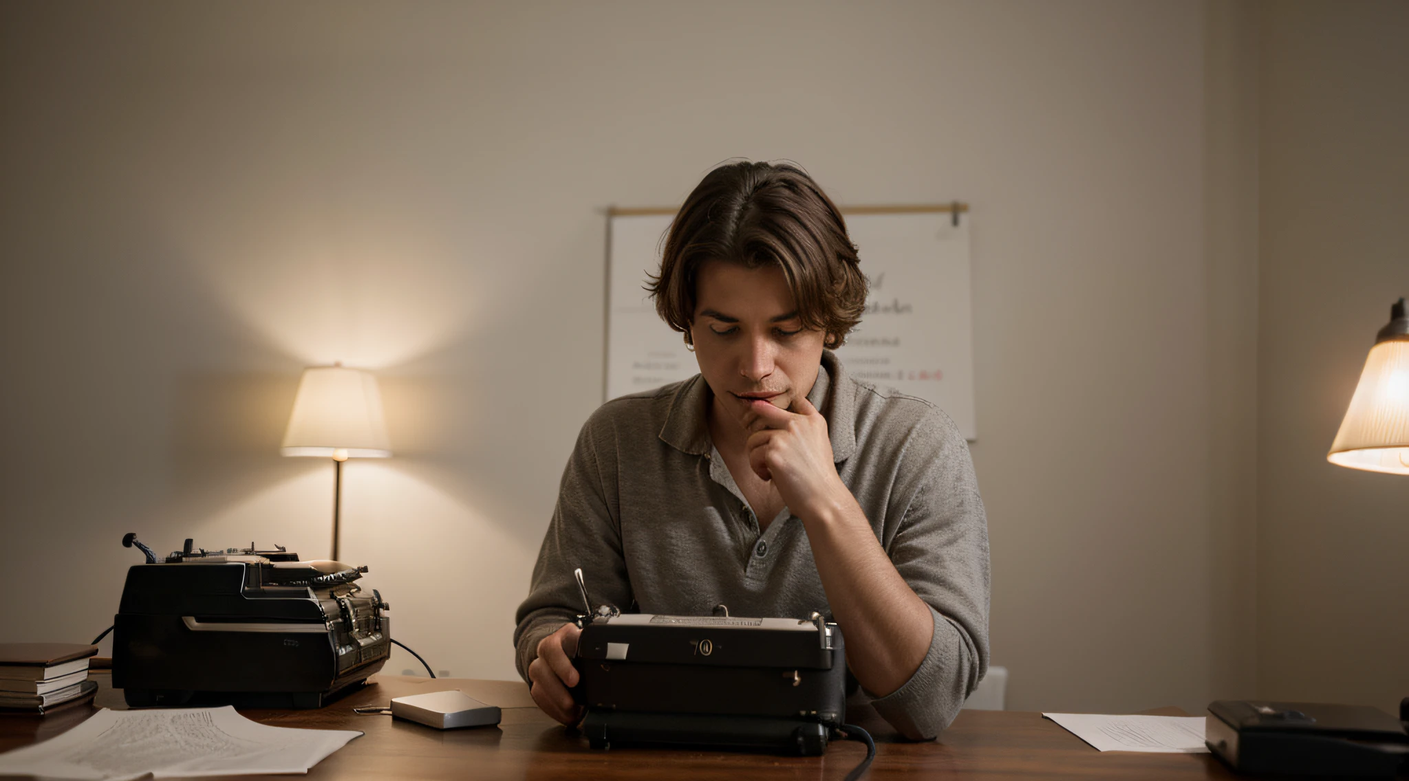 ultrarealisti, photographic, image of a man written with a typewriter, office, cozy light