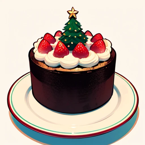 Best Quality, cute christmas cake illustration, delicious cake illustration. Cake shaped like a Christmas tree, 1 slice cut, Looks appetizing. Cake placed on a white plate, and white background. View Center, Make sure the entire cake is visible without interruption.