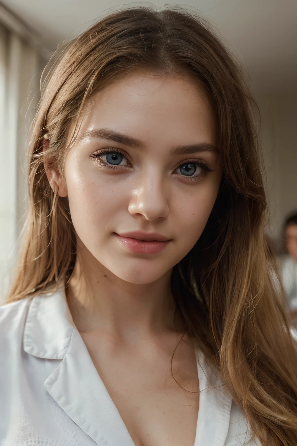 (beautiful doctor)、stunningly beautiful、doctors white coat, Collared shirt、(top-quality、8K、32K、masterpiece、nffsw:1.3)、超A high resolution,(Photorealsitic:1.4),Raw photography, Detailed face,,Beautiful hair, ((Doctor Style)), , Red tight skirt, (realistic, photo-realistic:1.4),(8k, RAW photo, best quality, masterpiece:1.2), cute, ultra-detailed,heart-shaped pupils, physically-based rendering, ultra high res, kodakvision color, shot on Arricam LT Camera, bokeh, sharp focus, looking at viewer, photorealistic,realistic, solo, photorealistic, best quality,extremely detailed face,extremely detailed eyes and face, (blond girl,) clear eyes, beautiful detailed eyes,absurdres, incredibly absurdres,(haunting smile),Messy hair, floating hair, round clear big eyes, clear big eyes, moist red lips, sweet, girl,