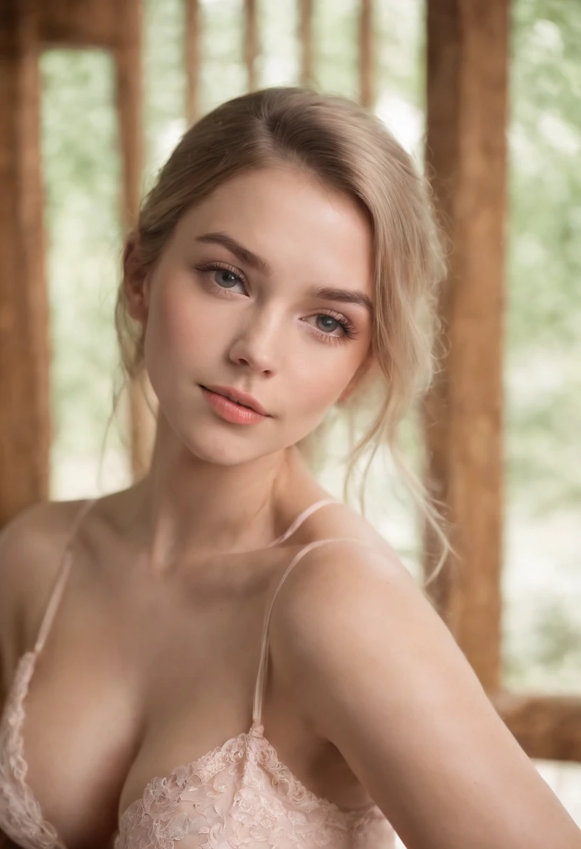 High quality rendering of a cute 24 year old.Tina Douthit, Cheveux blond mi-longs, Detailed symmetrical hazel eyes, Look confident, relaxed, Sourires, with a hint of superiority, white underwear, Sits in the hotel bed, Stunning Realistic Photo, Rendu 3D, intricate high detail, cinematic, Centered hyper-realistic cover image