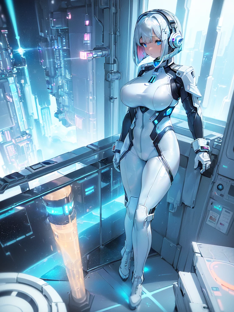masterpiece:1.4, 1girl in ((20yr old, Wearing a futuristic white and silver costume, Tight Fit Bodysuit, long boots, Very gigantic-breasts, Multicolored blonde hair, a short bob, Perfect model body, Blue eyes:1.2, Wearing headphones, Looking out the window of the futuristic sci-fi space station、While admiring the beautiful galaxy:1.2, SFSF control room on night background:1.1, Neon and energetic atmosphere:1.2)) ((Galaxy))