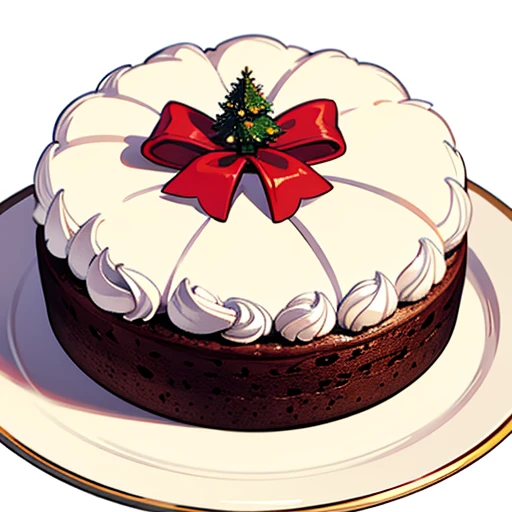 Best Quality,  delicious cake illustration. Cake in the shape of a big Christmas tree, 1 slice cut, Looks appetizing. Cake placed on a white plate, and white background. View Center, Make sure the entire cake is visible without interruption.