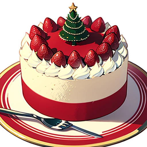 Best Quality,  delicious cake illustration. Cake in the shape of a big Christmas tree, 1 slice cut, Looks appetizing. Cake placed on a white plate, and white background. View Center, Make sure the entire cake is visible without interruption.