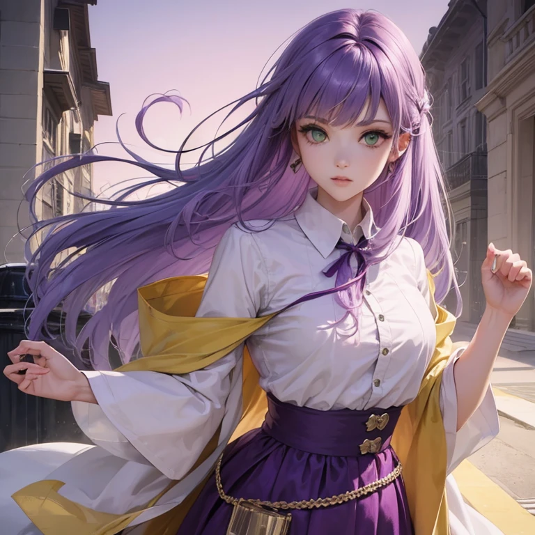 Girl with green eyes and light purple hair