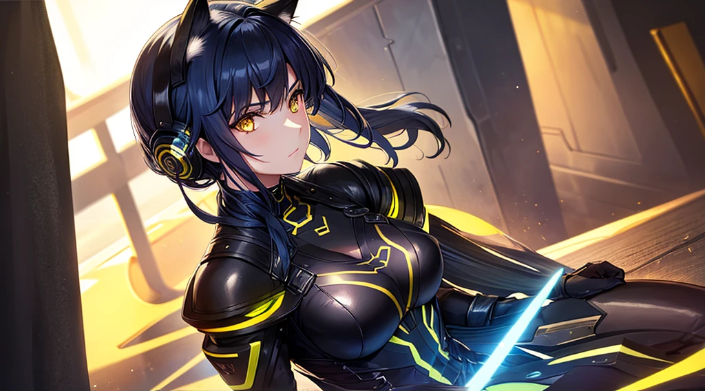 A beautiful woman with yellow eyes and long blue-black leather suit with her hair over her ears.