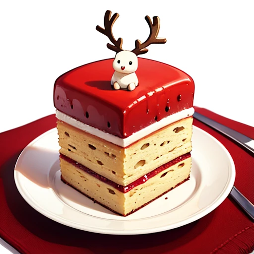 Best Quality, Cute reindeer illustration, delicious cake illustration. Christmas cake, 1 slice cut, Looks appetizing. Cake placed on a white plate, and white background. View Center, Make sure the entire cake is visible without interruption.