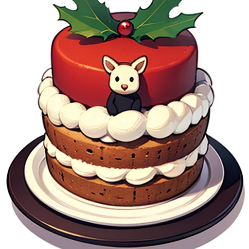 Best Quality, Cute reindeer illustration, delicious cake illustration. Christmas cake, 1 slice cut, Looks appetizing. Cake placed on a white plate, and white background. View Center, Make sure the entire cake is visible without interruption.
