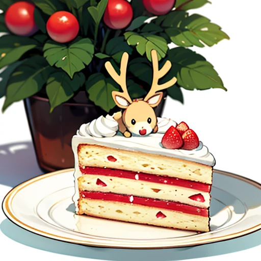 Best Quality, Cute reindeer illustration, delicious cake illustration. Christmas cake, 1 slice cut, Looks appetizing. Cake placed on a white plate, and white background. View Center, Make sure the entire cake is visible without interruption.