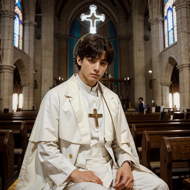 transsexual boy, big bulge, in a dark church, scared face, fetish priestess dress , flat chest, short hair, blonde hair, thick thighs, mature boy