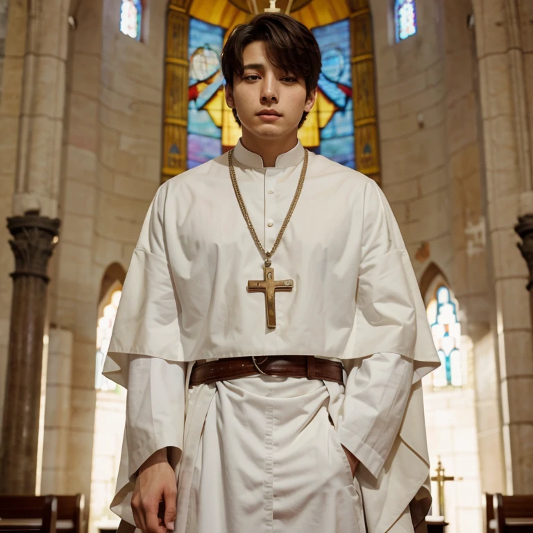 Jungkook usando un traje de sacerdote con una iglesia de fondo