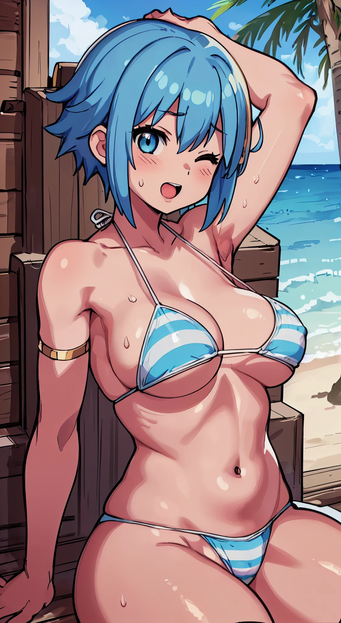 (( 1girl in)), NSFW、blush,(well-muscled)、Brown skin、Light blue hair、Eyes are green、double tooth、((big butts))、(((thick thighs)))、Sweat、:D、Short hair、(Light blue striped bikini)、the beach、((spreading legs))、Hands behind the head、((Armpits))、sitting on ground、one eye closed