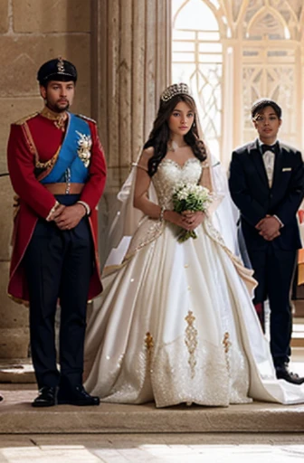 Princess being crowned Queen, in a huge castle, tons of people, standing next to be very handsome husband who is being crown Prince, Princess is wearing a white dazzling gown. 23 years old