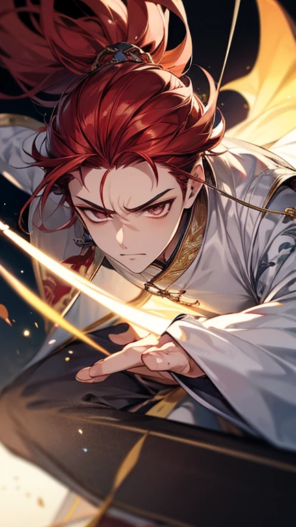 offcial art, 8k wallpaper, ultra - detailed, tmasterpiece, Best quality at best, (((1 boy))), hori#39;Very meticulous), dynamic angle, tricky expression, ((cunning expression)), long whitr hair,Wear white Chinese clothing, 电影灯光, 超高分辨率,