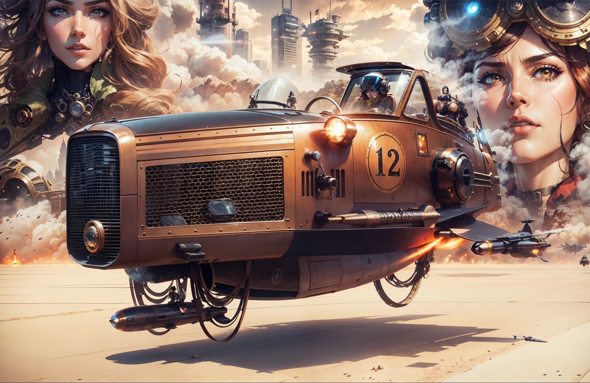 A Hover Bike carrying missiles in the foreground, two closes of beauties steampunk ladies drivers and a steampunk city in the background